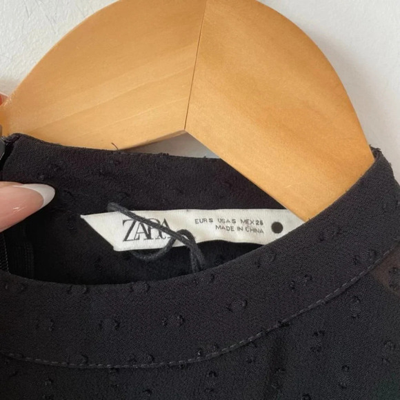 Zara Swiss Dot Ruffled Frill High Neck Long Sleeve Dress Black Sz Small - Picture 9 of 10